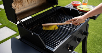 Un homme qui nettoie une grille de barbecue avec une brosse