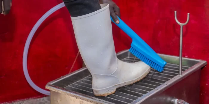 Mains gantées nettoyant le joint en caoutchouc d'une machine à laver avec un chiffon