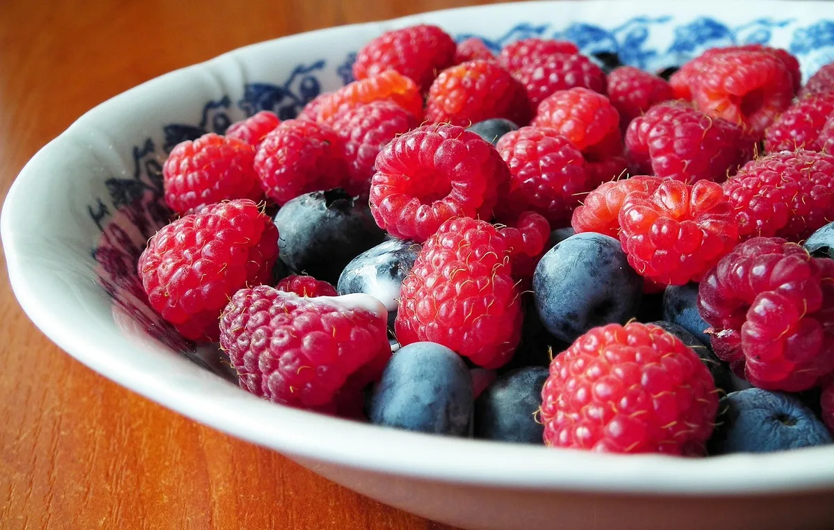 Bol de fruits rouges et baies fraîches : myrtilles, framboises et cassis