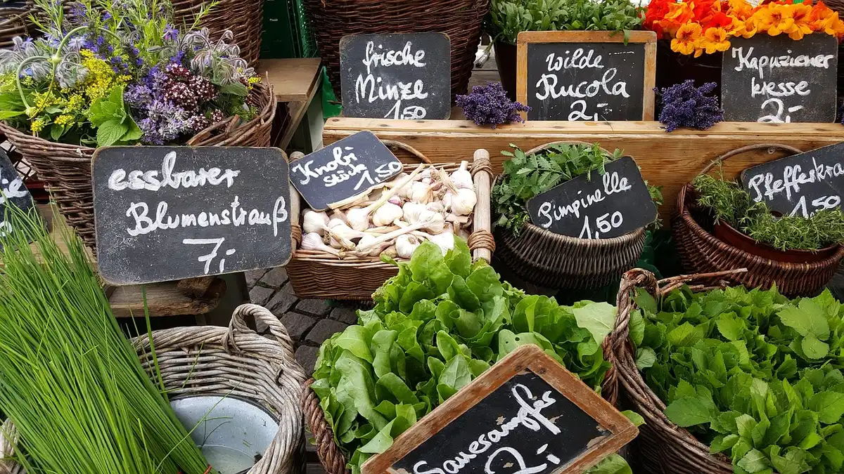 Étal de légumes de saison sur un marché local en journée
