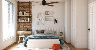 Chambre lumineuse en journée avec lit, matelas et oreiller visibles