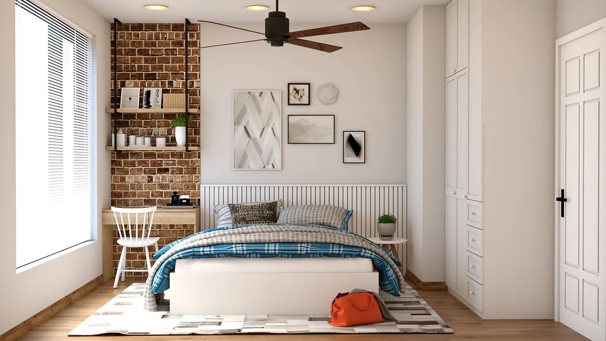 Chambre lumineuse en journée avec lit, matelas et oreiller visibles