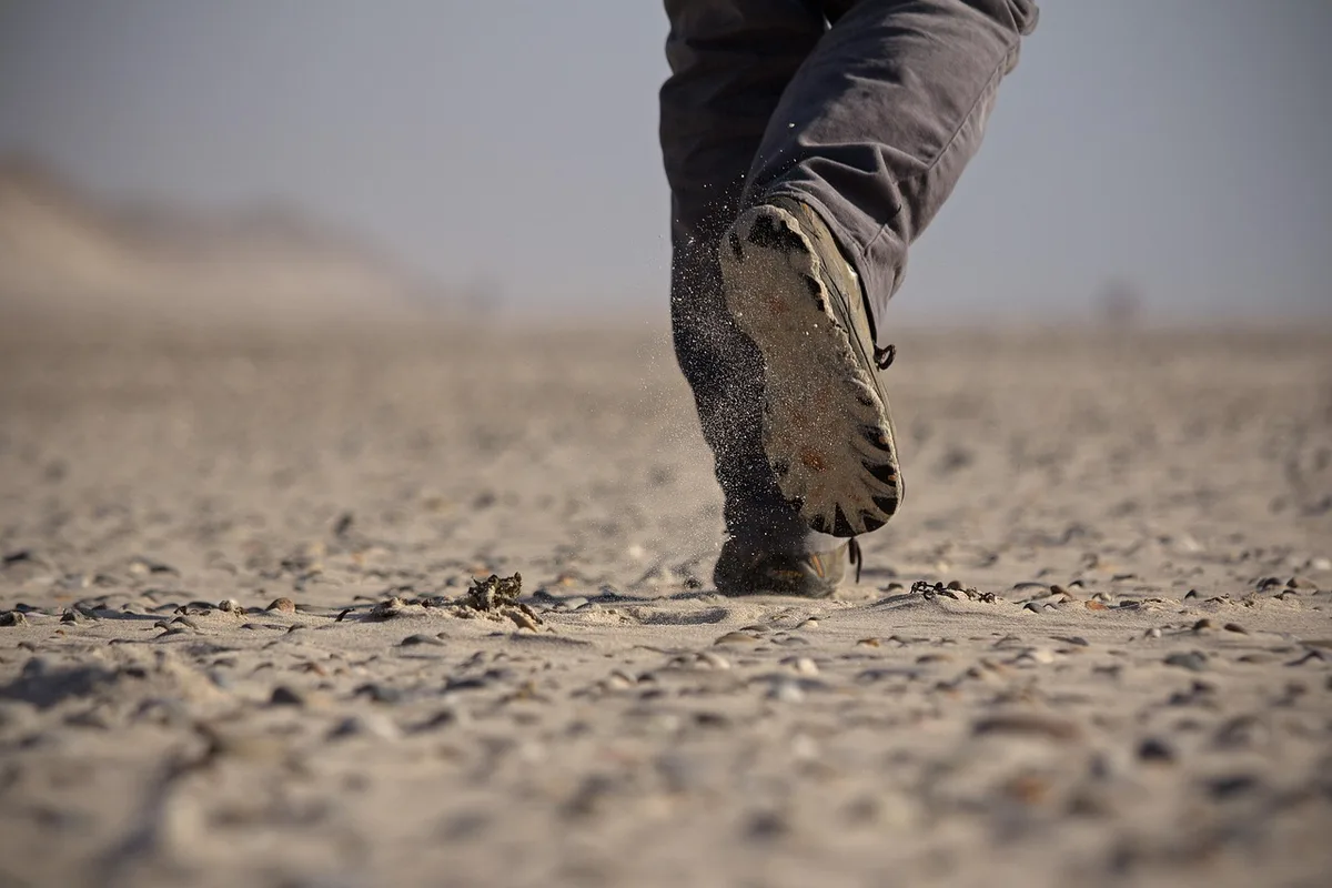 Chaussures de marche posées sur un sentier ensoleillé dans un parc